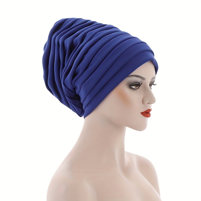 Layered Pleated Turban Cap Elastic Head Wrap Solid Ramadan Head Scarf