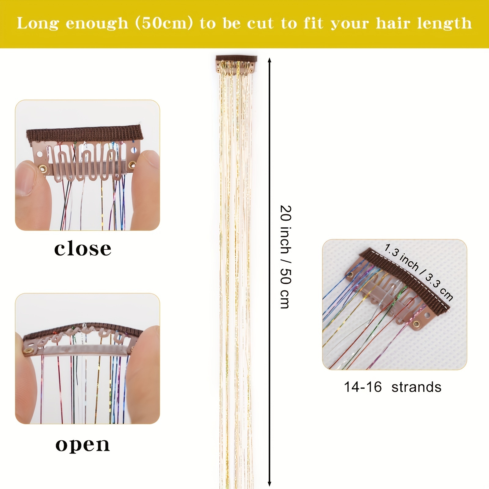12pcs Clip in Hair Tinsel Kit 20 inch Heat Resistant Fairy Hair Tinsel Kit Glitter Hair Tensile Clip in on Sparkling Shiny Colorful Hair
