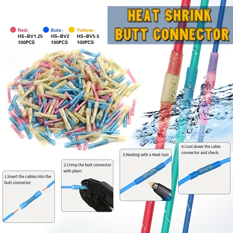 

100pcs Red/ Yellow/ Blue Assorted Fullly Insulated Heat Shrink Butt Splice Connectors Waterproof Crimp Terminals Soldering Sleeve Kit