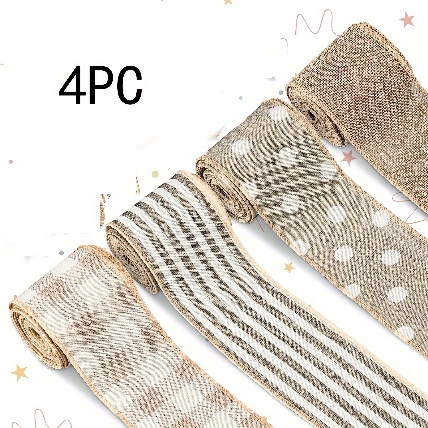 E-shop 4 Rollen Weißes Polka-Dot-Karo-Gestreiftes Band, Landhaus-Craft-Band, für DIY-Geschenkverpackung, Kranz-Blumenarrangement, Schleifen-Dekoration,