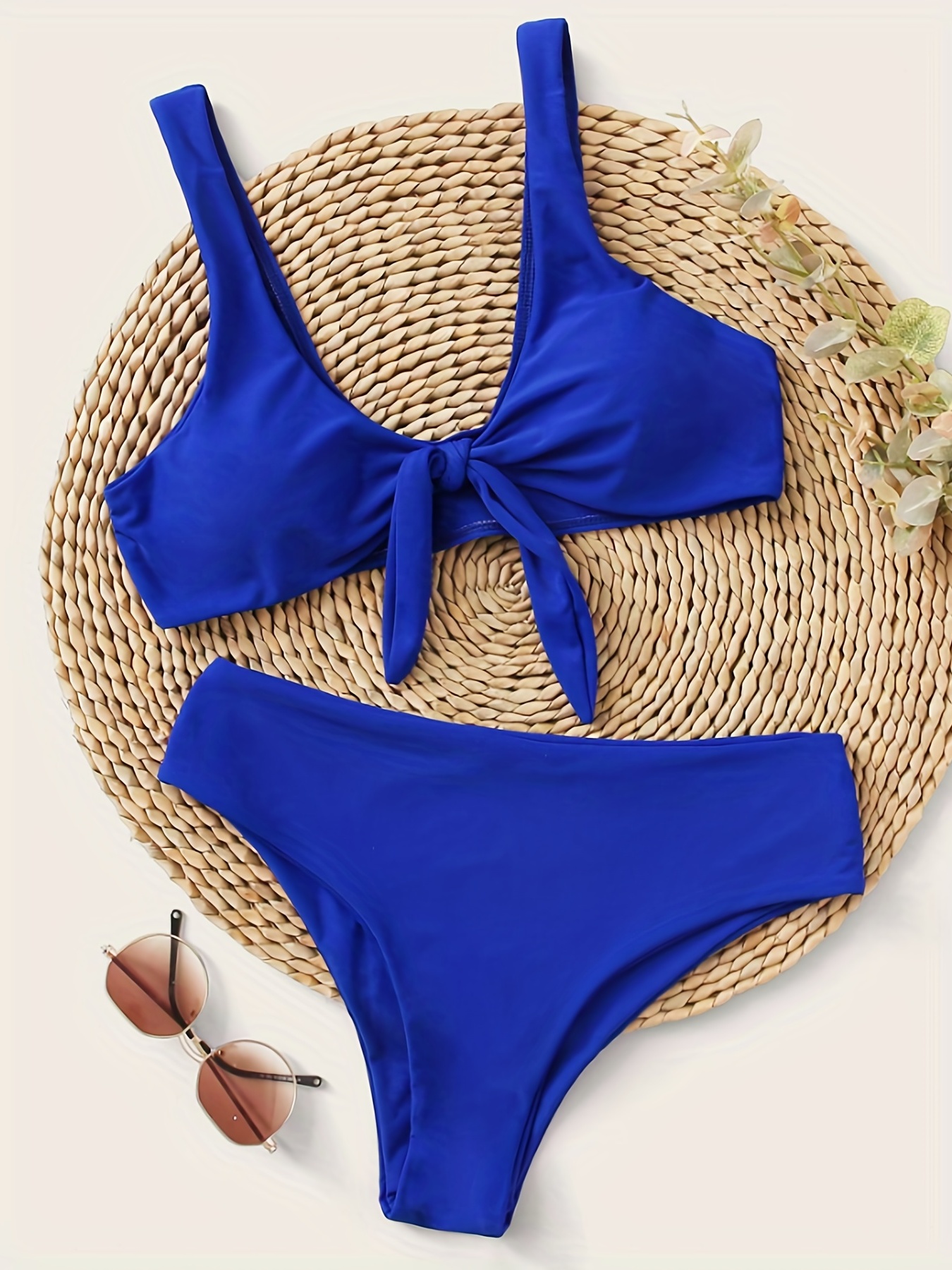 ZAFUL Women's Bikini Set Two Piece Swimsuits Bathing Suits Solid Tie Front  High Waist Swimming Suit