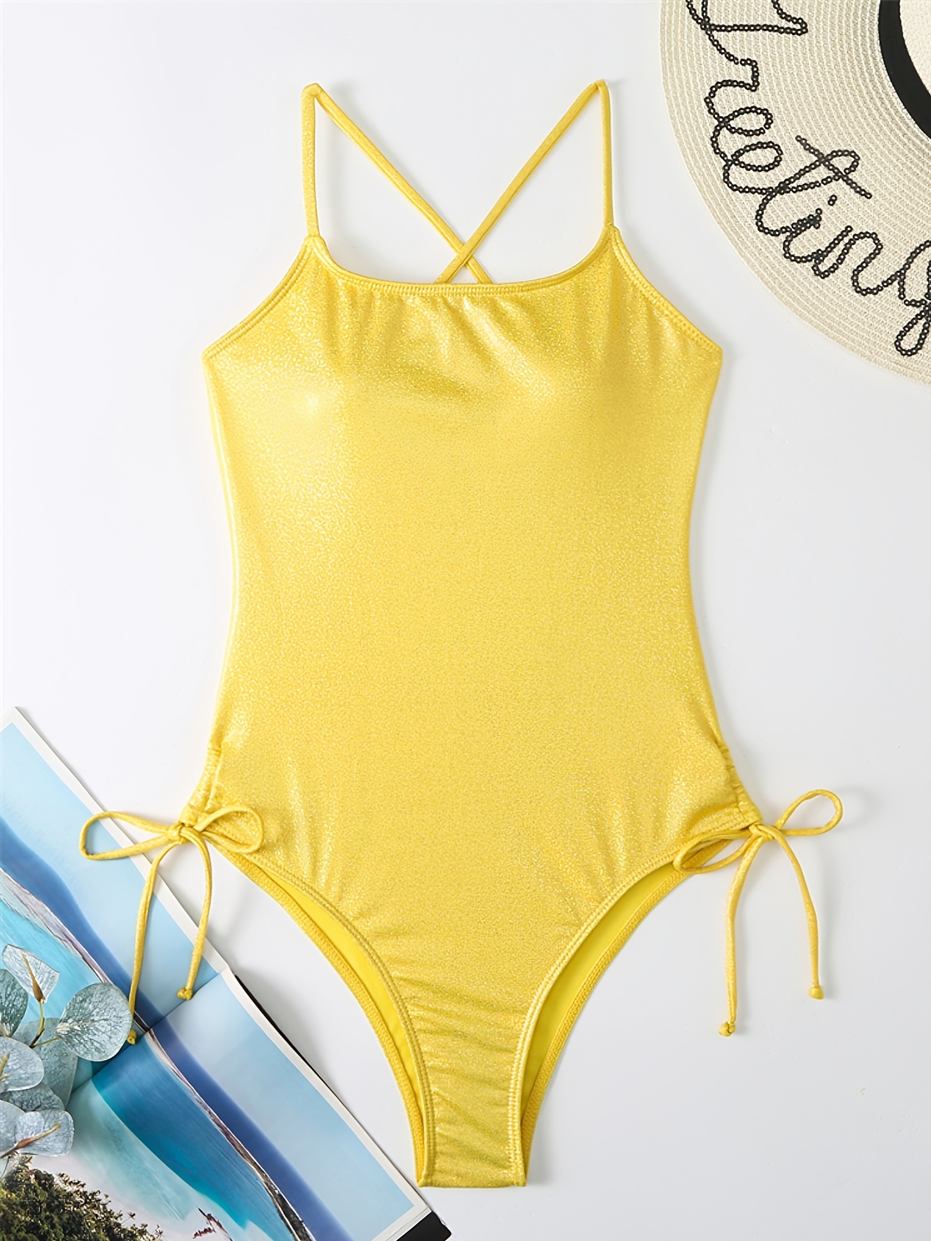 Yellow One-piece Swimsuit With Thin Straps and Low Back 