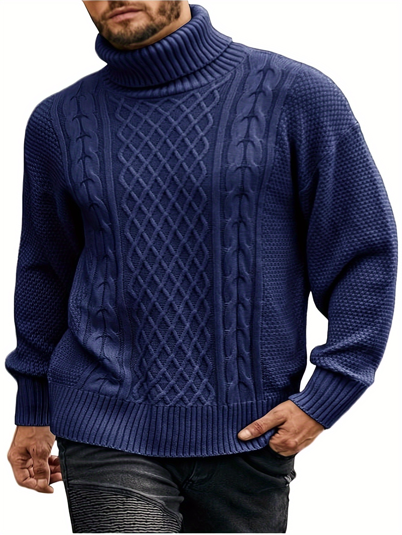 Suéteres de invierno para hombre, ajuste delgado, de punto trenzado, cuello  alto, suéter de cuello alto, casual, ligero, térmico