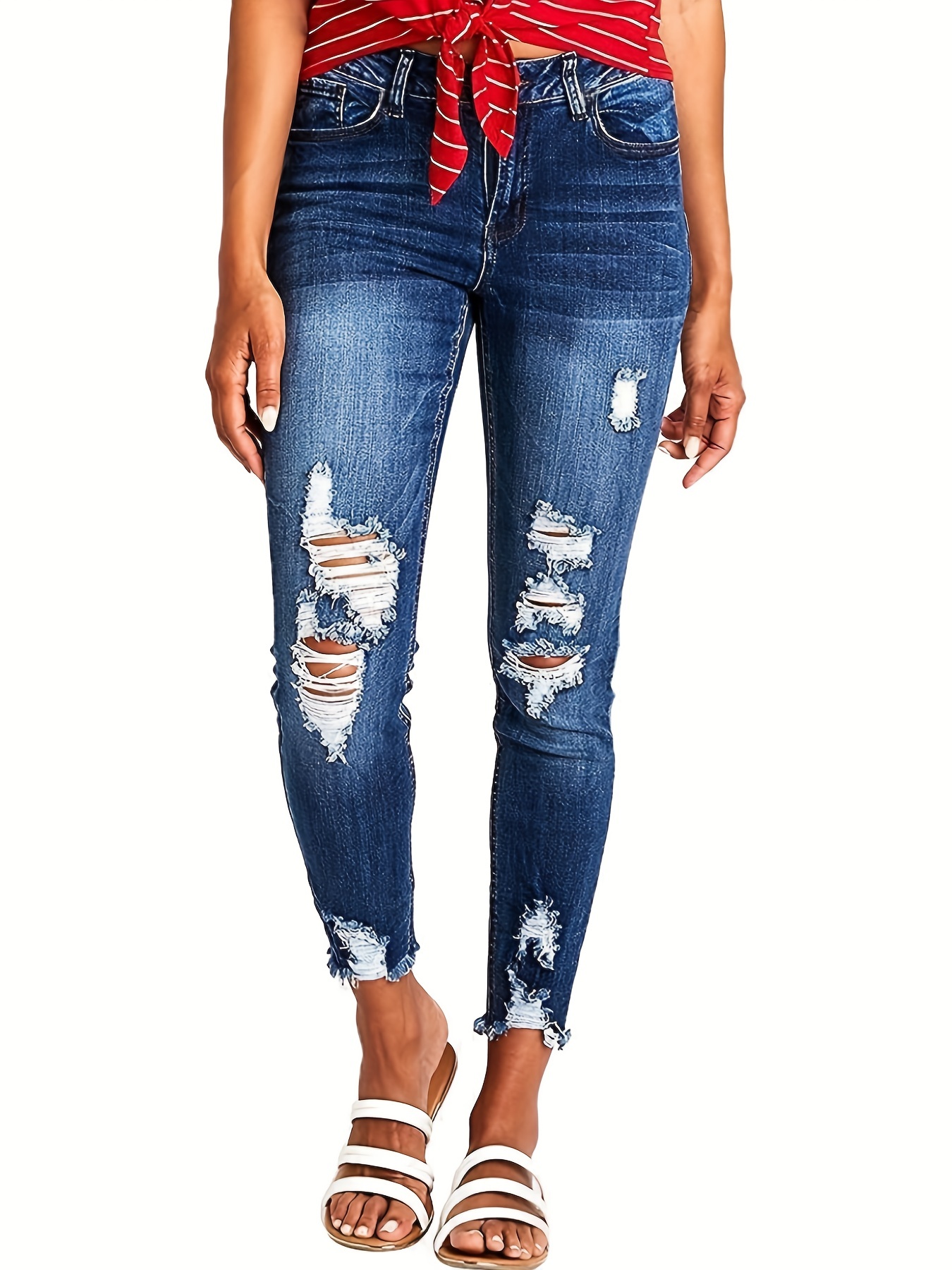 Calças de ganga skinny de cintura alta rasgadas azuis jeans - Temu Portugal