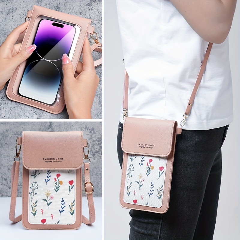 

Touch Screen Mobile Phone Bag, Women's Floral Print Crossbody Bag, Fashion Pu Leather Flap Purse