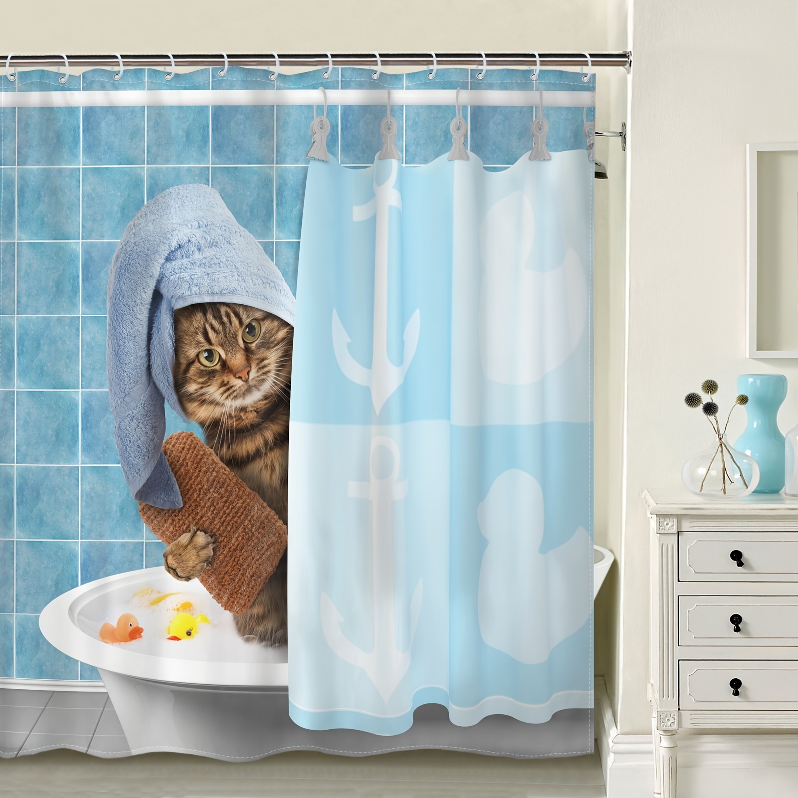 Funny Animal Shower Curtain Cute Cat Ferocious Shark Sea - Temu