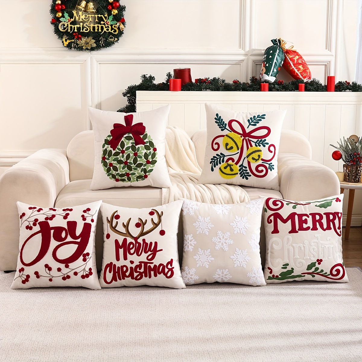 Set Of 4 Red Christmas Pillow Covers [17.7x17.7 Inches] With Reindeer,  Snowflake And Letter Print Pattern For Holiday Farmhouse Decor, Car Sofa Bed  Decoration; Home & Outdoor [pillow Core Not Included]