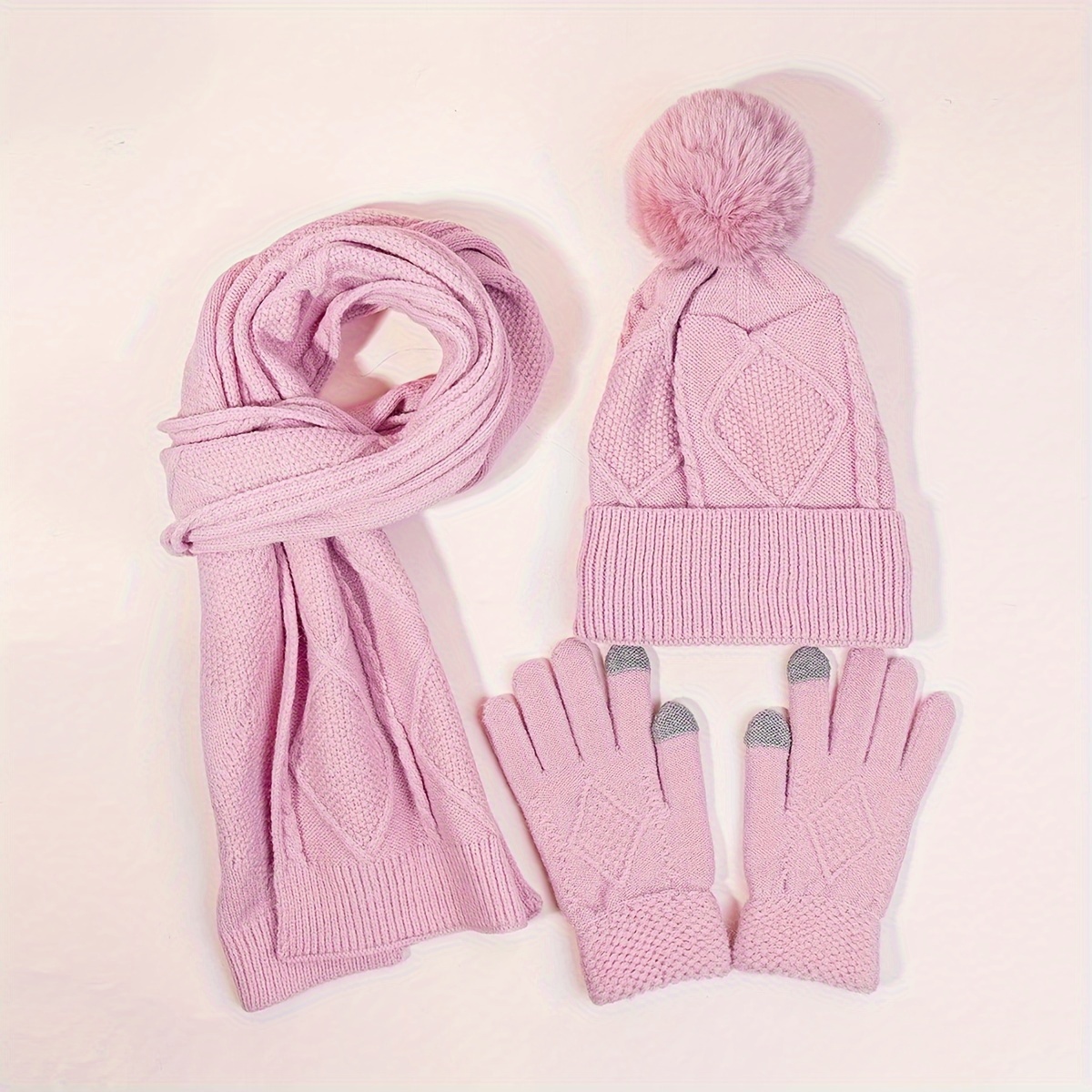 3pcs Red Gloves Scarf Beanie Set For Women Trendy Ribbed Knit Hat Beanie  With Pom Thick Warm Mittens Elastic Coldproof Scarves Winter Accessories