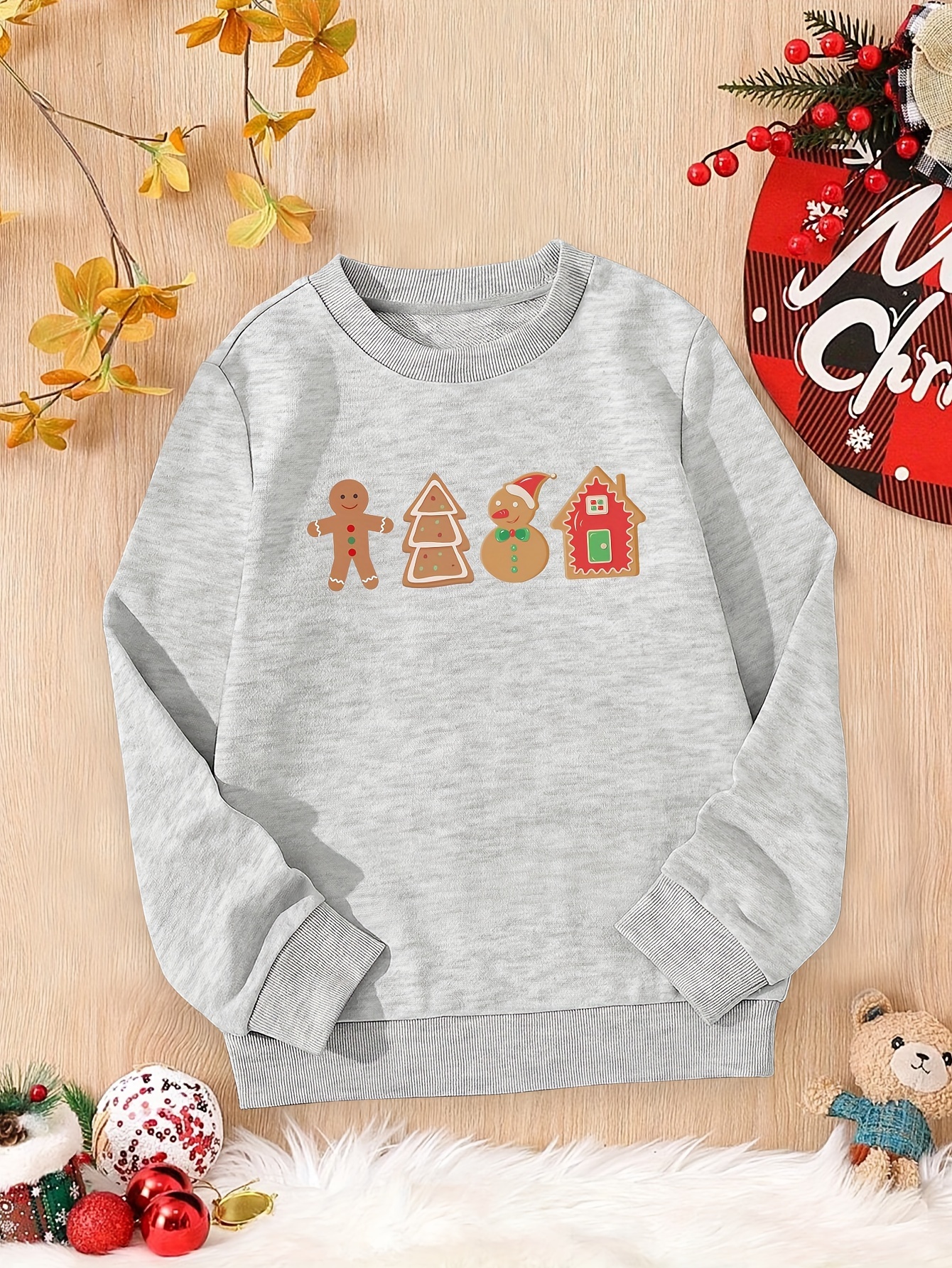 Christmas Cute Gingerbread Print Girls Pullover Sweatshirts