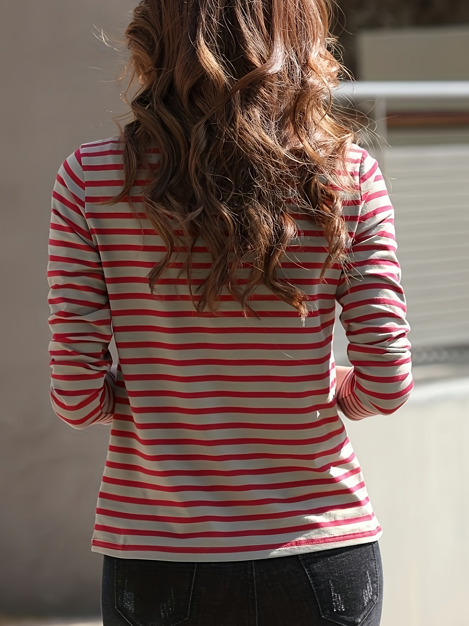 striped print crew neck t shirt casual long sleeve t shirt for spring fall womens clothing red 1