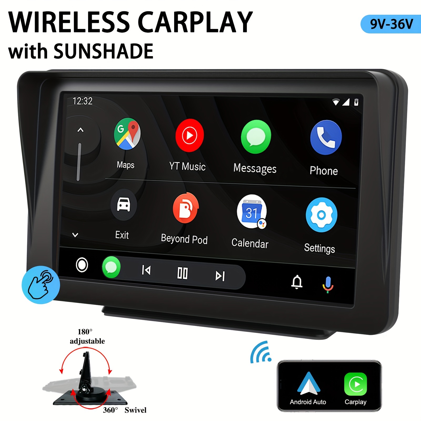  Moniteur sans fil Apple Carplayer Android Auto, récepteur  d'autoradio portable à écran tactile Full HD de 7, stéréo de voiture avec  lien miroir, Bluetooth monté sur le pare-brise du tableau