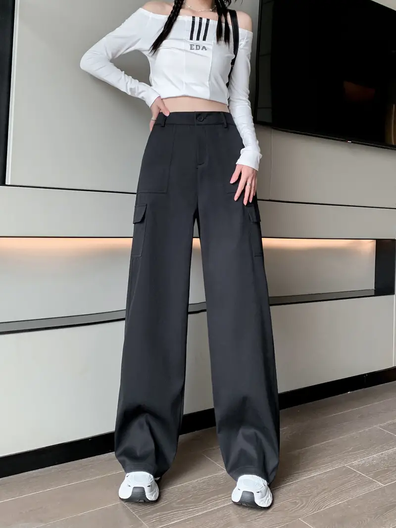 Solid High Waist Pants Casual Versatile Long Length Work - Temu Canada