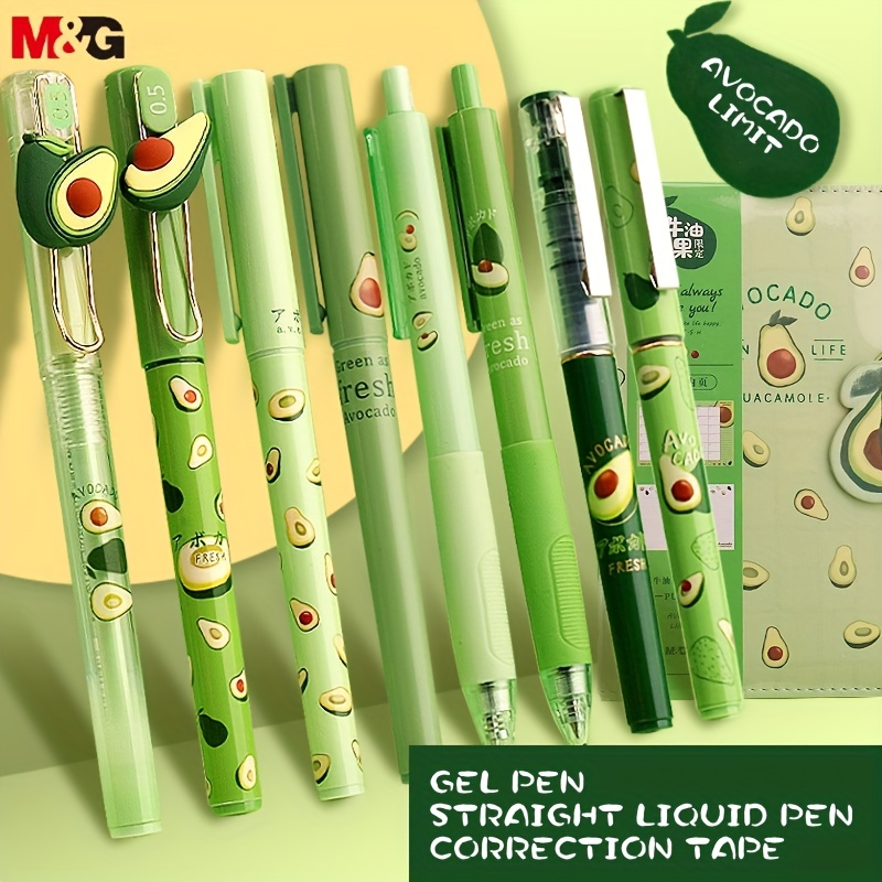 

2pcs Avocado Limited Press Gel Pen, 0.5mm Black Straight Liquid Roller Pen, Avocado Correction Tape