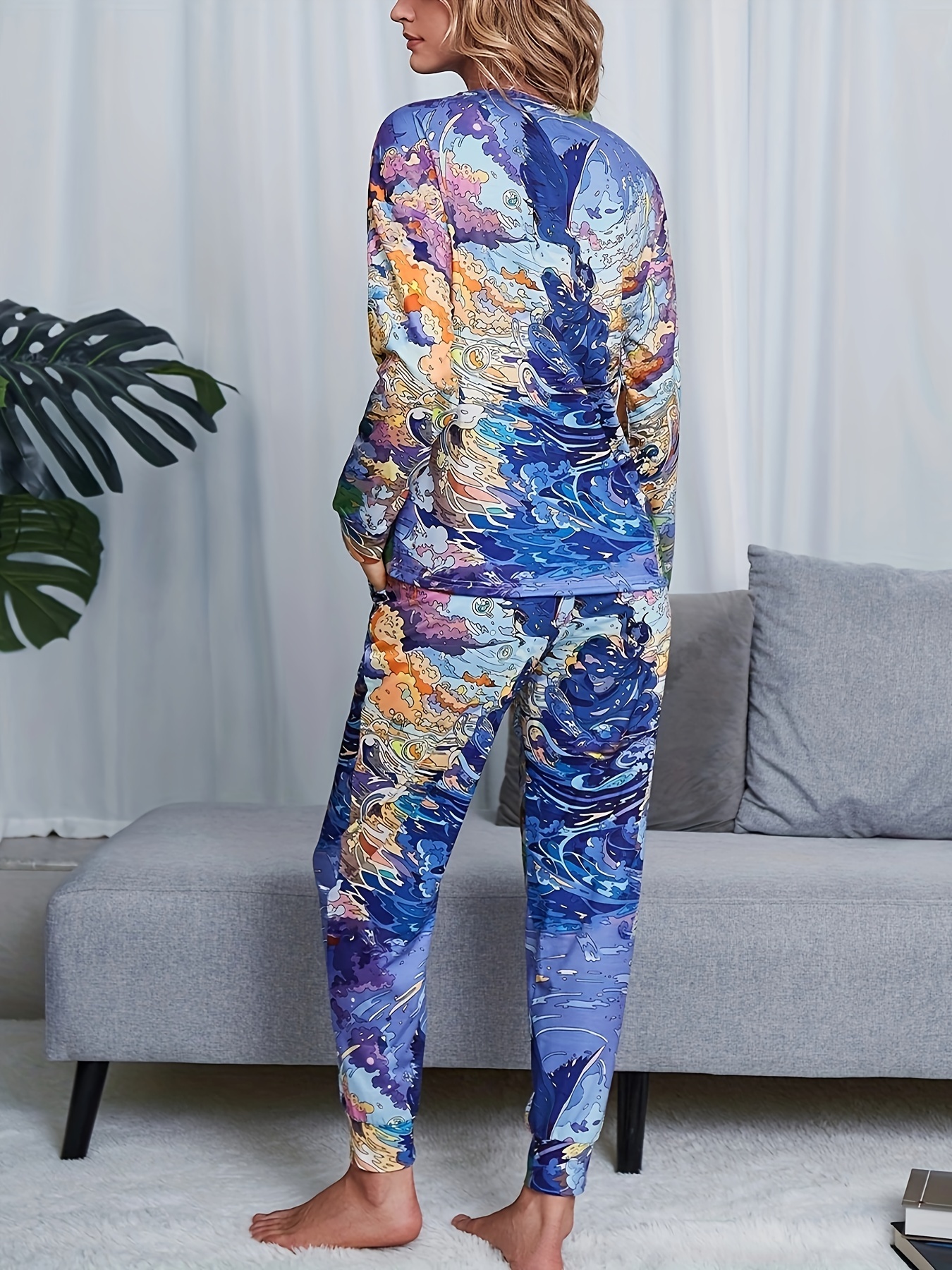 Tie Dye Print Lounge Set Long Sleeve Top & Pants Women's Loungewear
