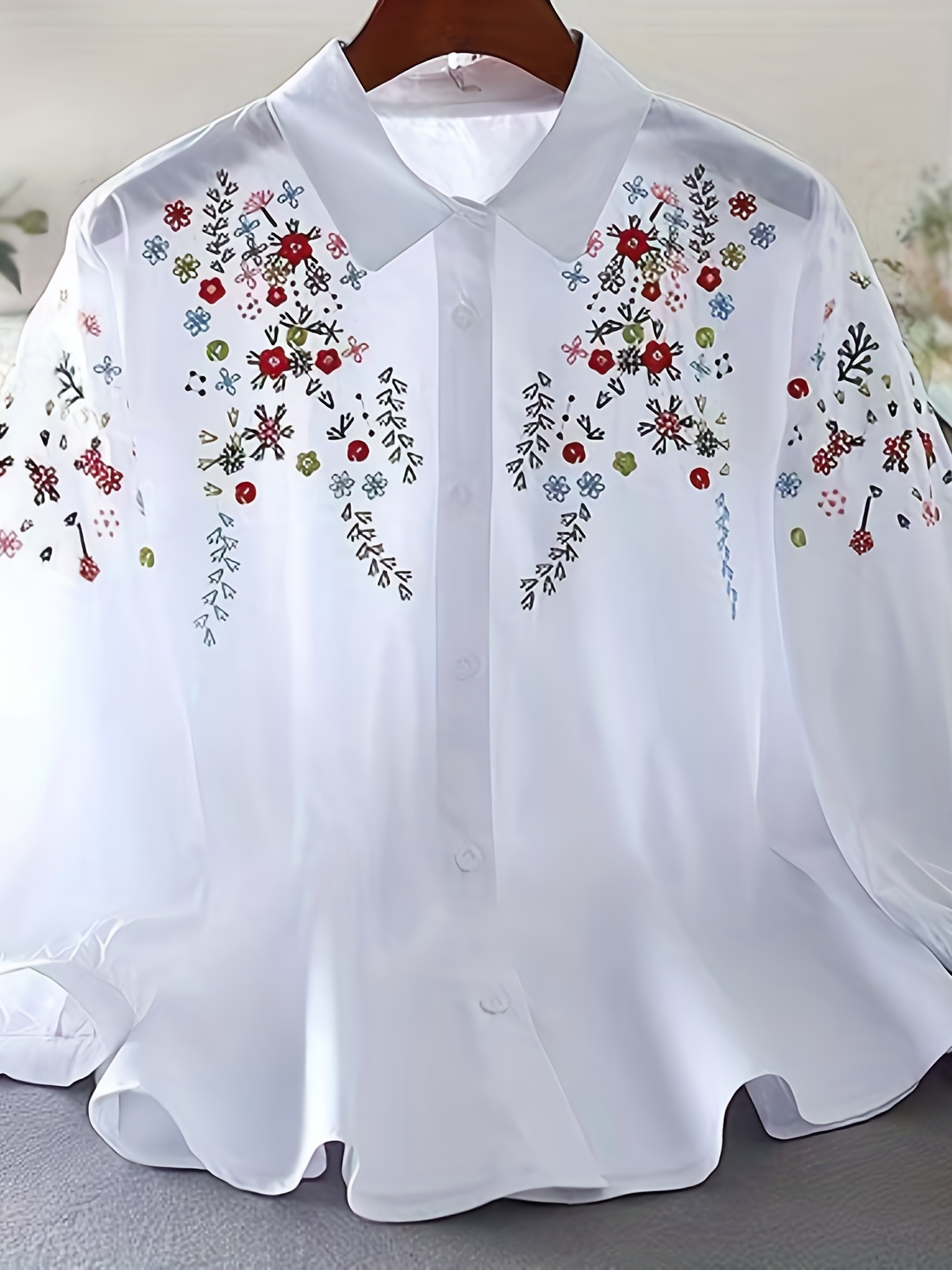 Floral Embroidered Shirt Elegant Button Front Long Sleeve - Temu