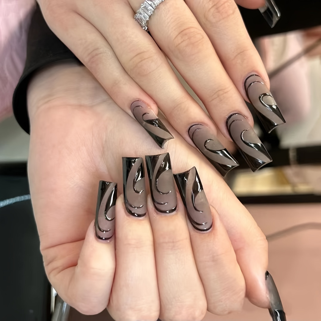 Gothic Style Nails Nude Press Nails Silver Ripple - Temu