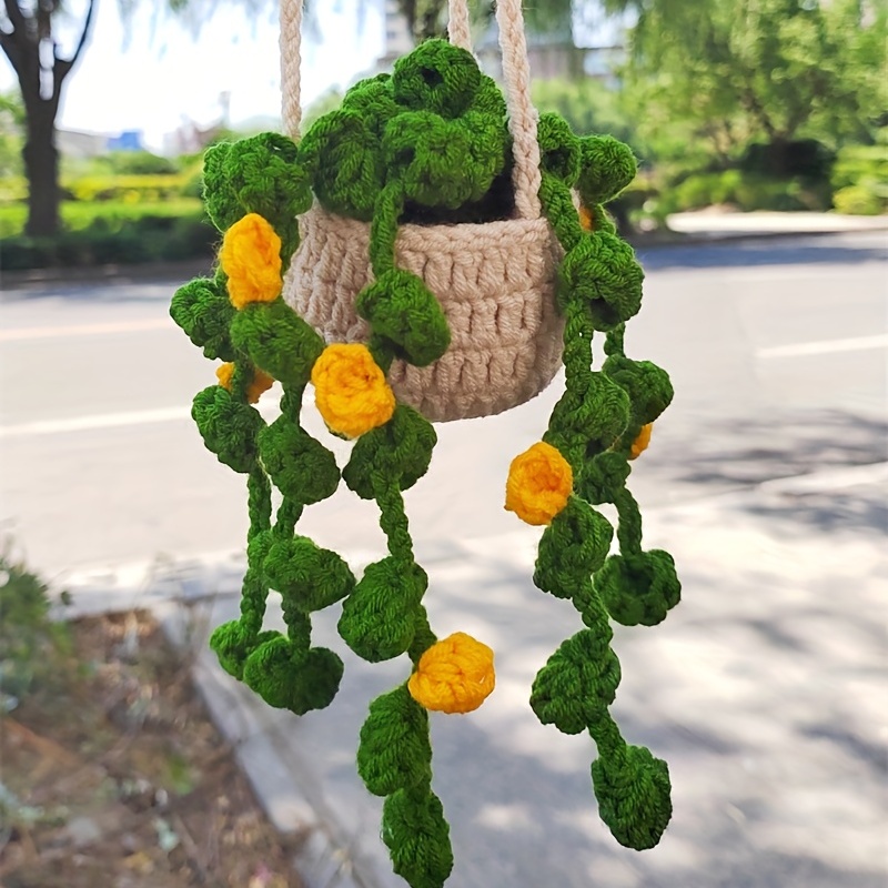 Anvazise Car Mirror Hanging Accessory Handmade Knitted Cute Crochet Potted  Plant Rear View Decor Car Interior Accessories Style C One Size
