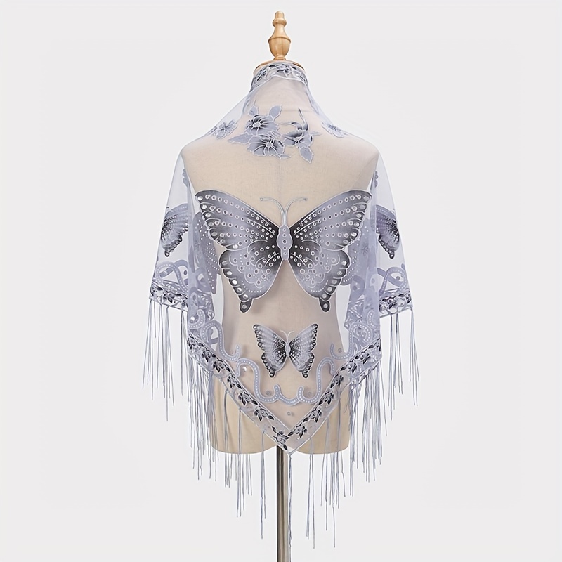 Butterfly Embroidered Tassel Shawl Triangle Scarf Lace Wrap for Party