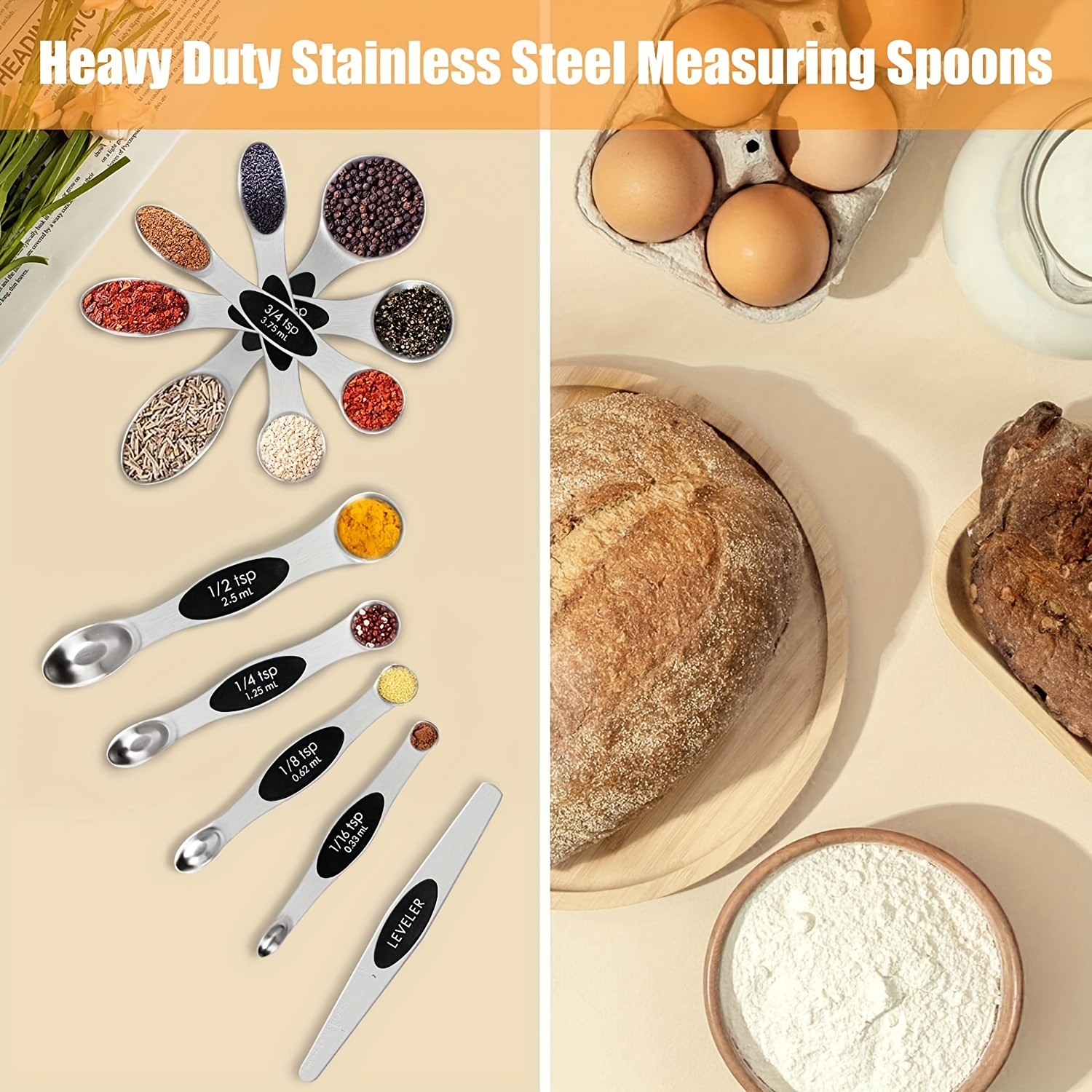 9pcs Stainless Steel Magnetic Measuring Spoons Set - Dual Sided Stackable  Spoons for Dry and Liquid Ingredients - Perfect for Cooking and Baking