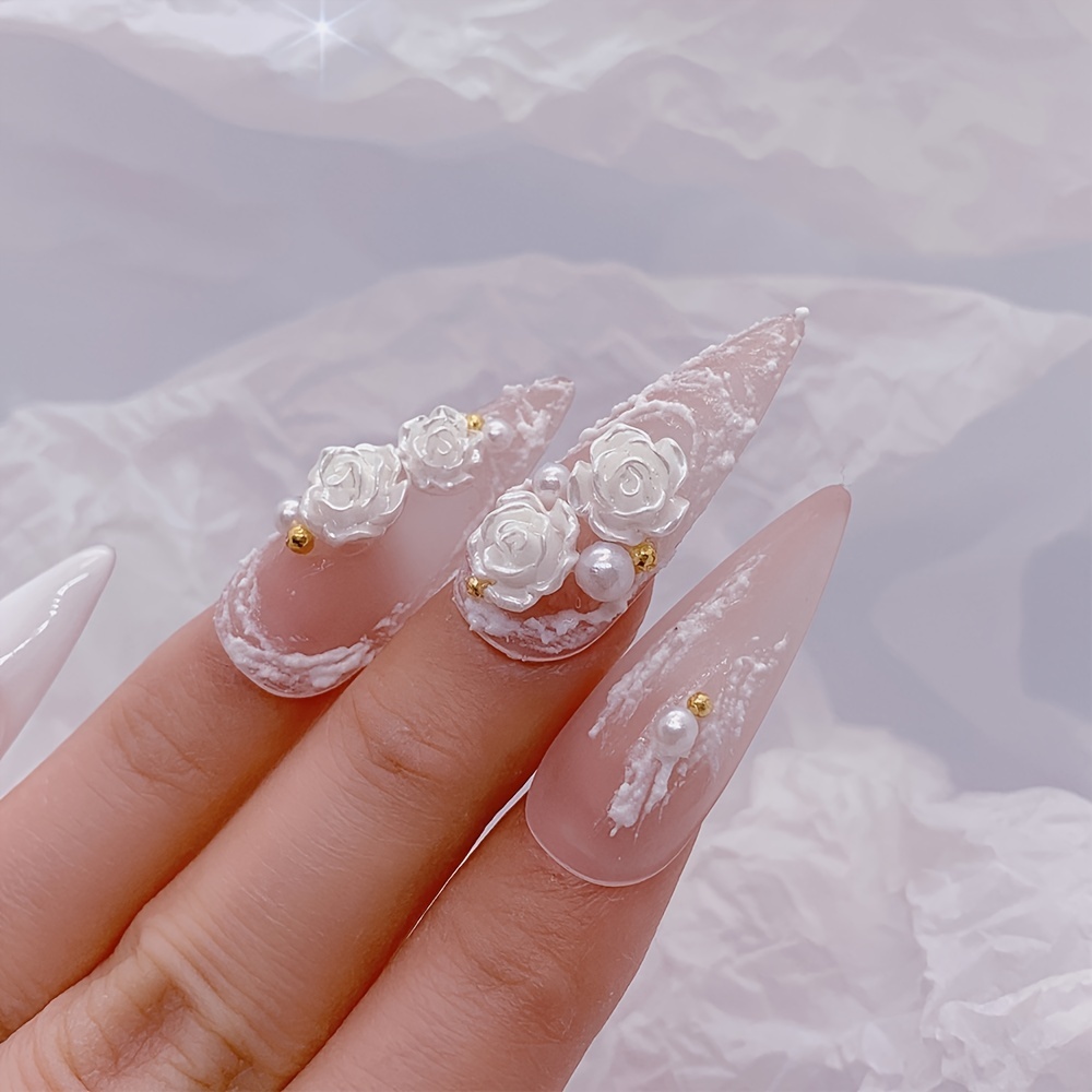 3d Flowers For Nails White Rose Nail Charms Resin Nail - Temu