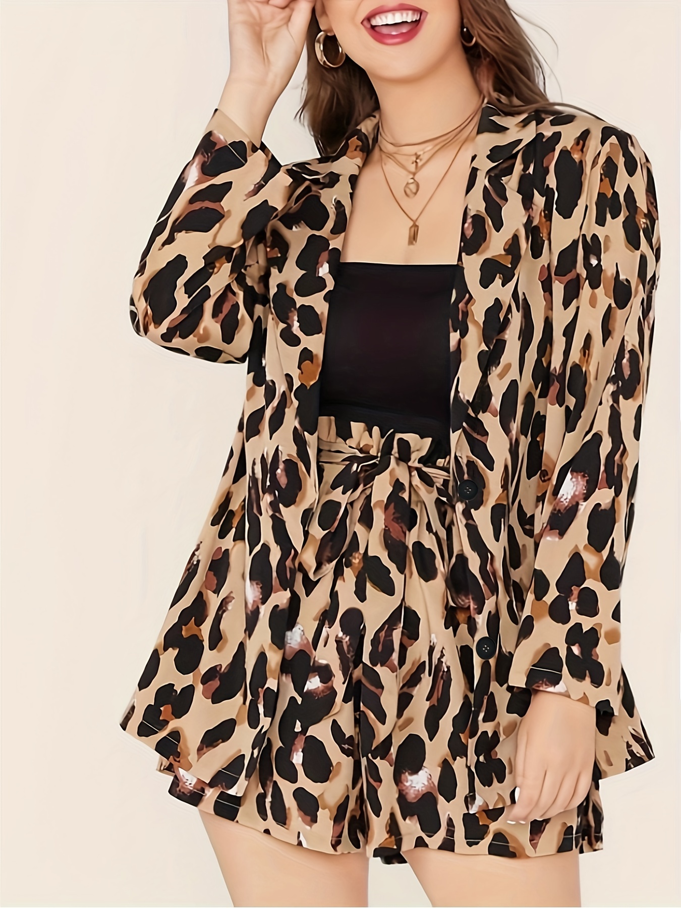 Plus Size Casual Suit Set, Women's Plus Leopard Print Long Sleeve Lapel  Collar * & Shorts Suit 2 Piece Set