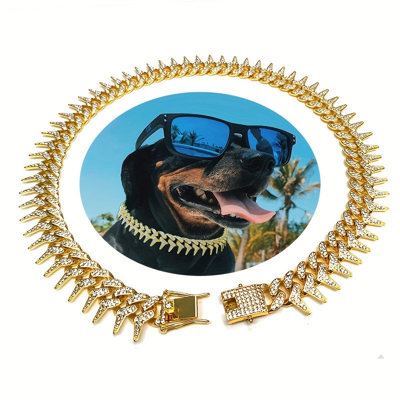 Chain Dog Cuban Luxury Necklace Gold Pet Collar Rhinestones Jewelry  Accessories