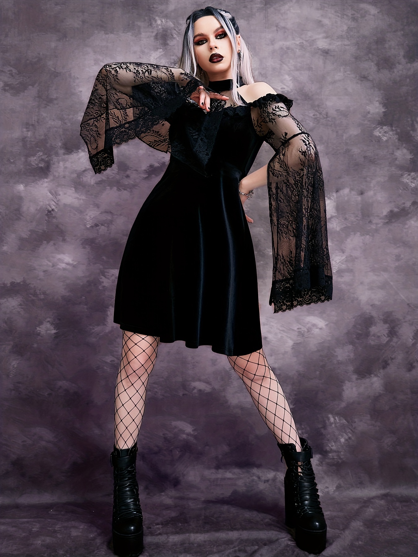 NEW Women Sexy Gothic Velvet Dress Square Neck Puff Sleeve Lace Trim Dress