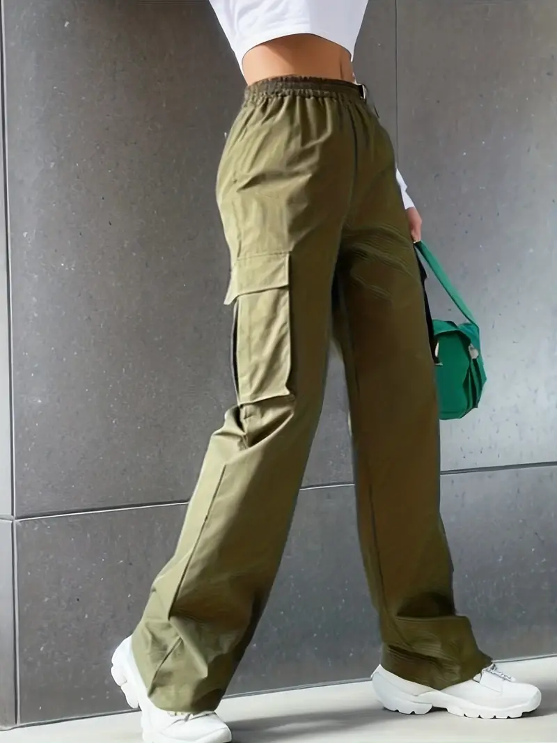 Solid Flap Pockets Wide Leg Cargo Pants, Loose Plicated Hem Straight Leg  Sweatpants, Women's Clothing