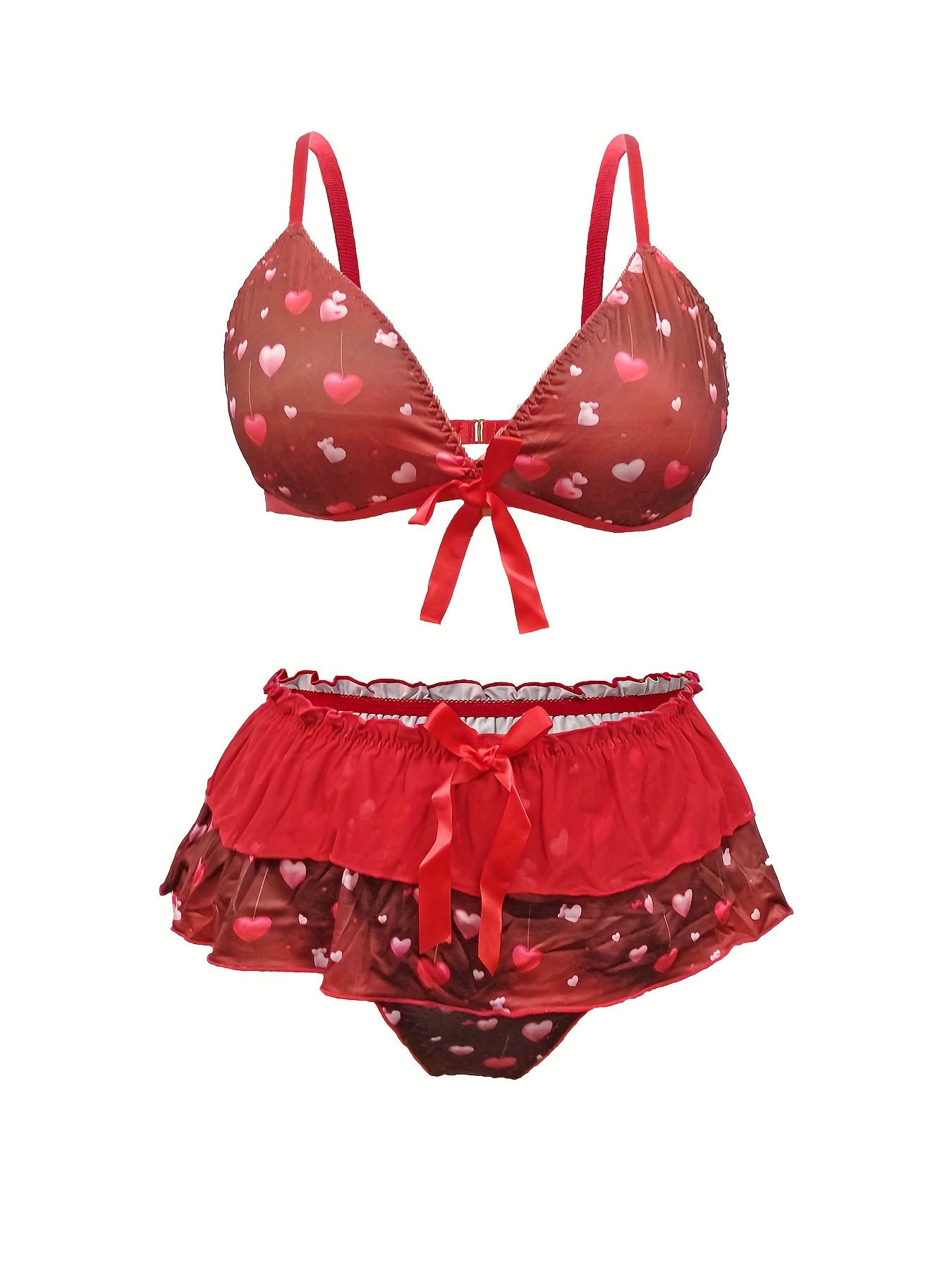 Plus Size Solid Heart Print Bow Front Sexy Lingerie Set - Temu New Zealand