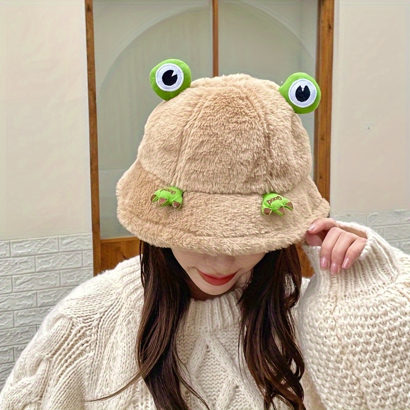 Women's Cute Frog Bucket Hat, Fishing Hat, Plush Warm Winter Cartoon Fisherman Hat, Windproof Casual Fuzzy Fisherman Hat,Temu