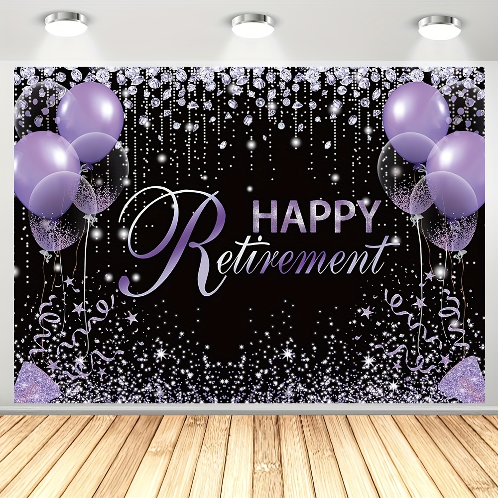 

1pc Happy Retirement Photography Backdrop, Vinyl Silver Glitter Purple Balloon Pattern Retirement Party Decoration Congratulations Retirement Photo Booth Props 82.6x59.0 Inches/94.4x70.8 Inches