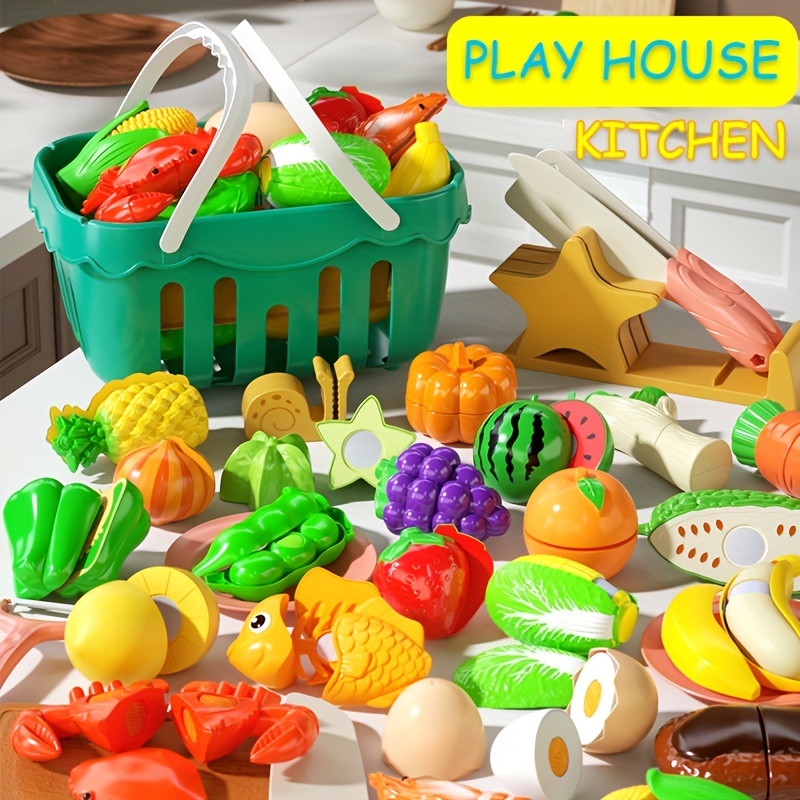 Juego de 70 piezas de alimentos de corte para niños, juguete de cocina,  juguetes de corte de alimentos, frutas y verduras con cesta de  almacenamiento