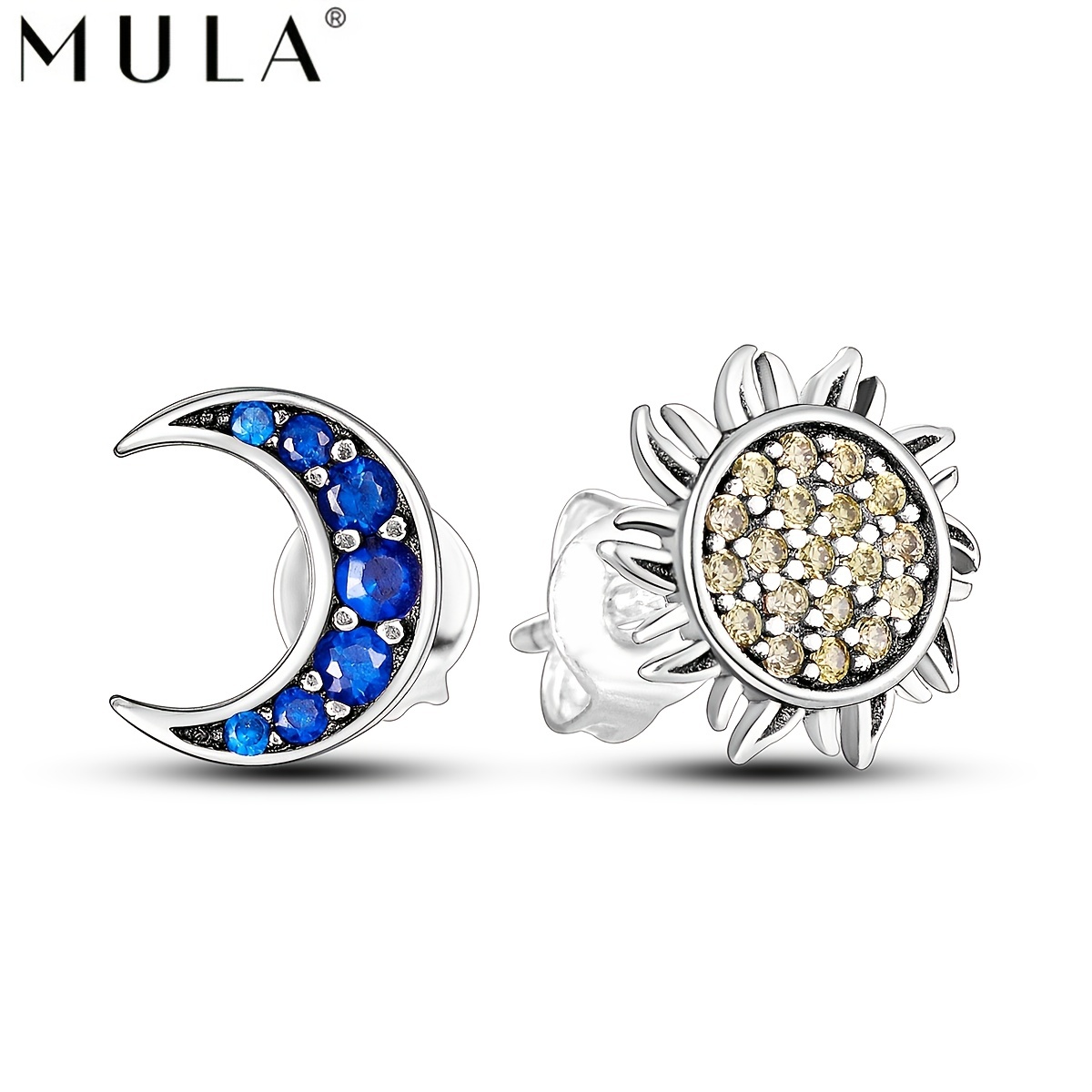 

Asymmetric Crescent Moon & Sun Stud Earrings For Women Silver Plated Zircon Jewelry