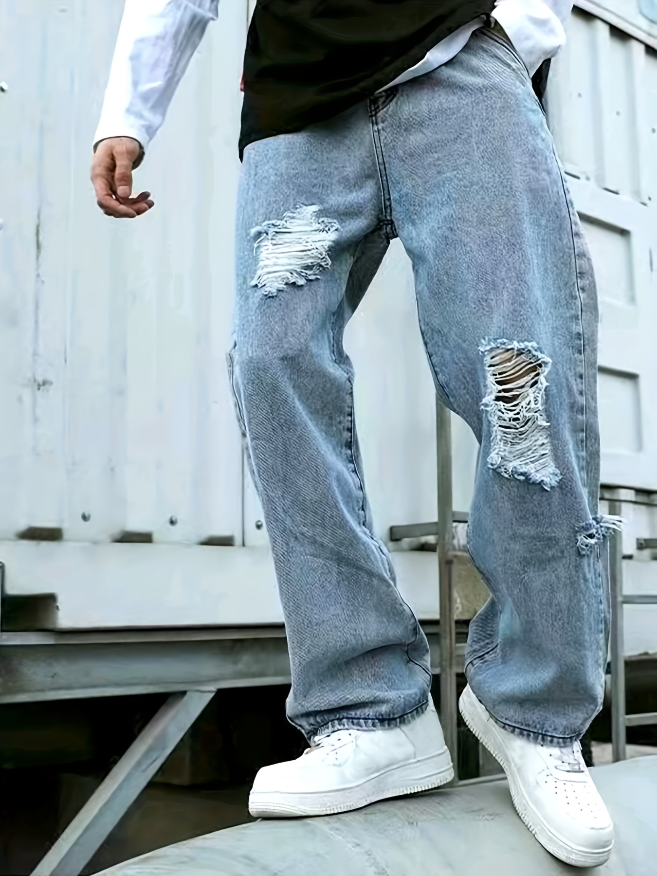 Washed Solid Non-Stretch Baggy Jeans, Wide Leg Jeans, Men's Pattern Hip Hop Style Casual Street Style Denim Pants,Temu