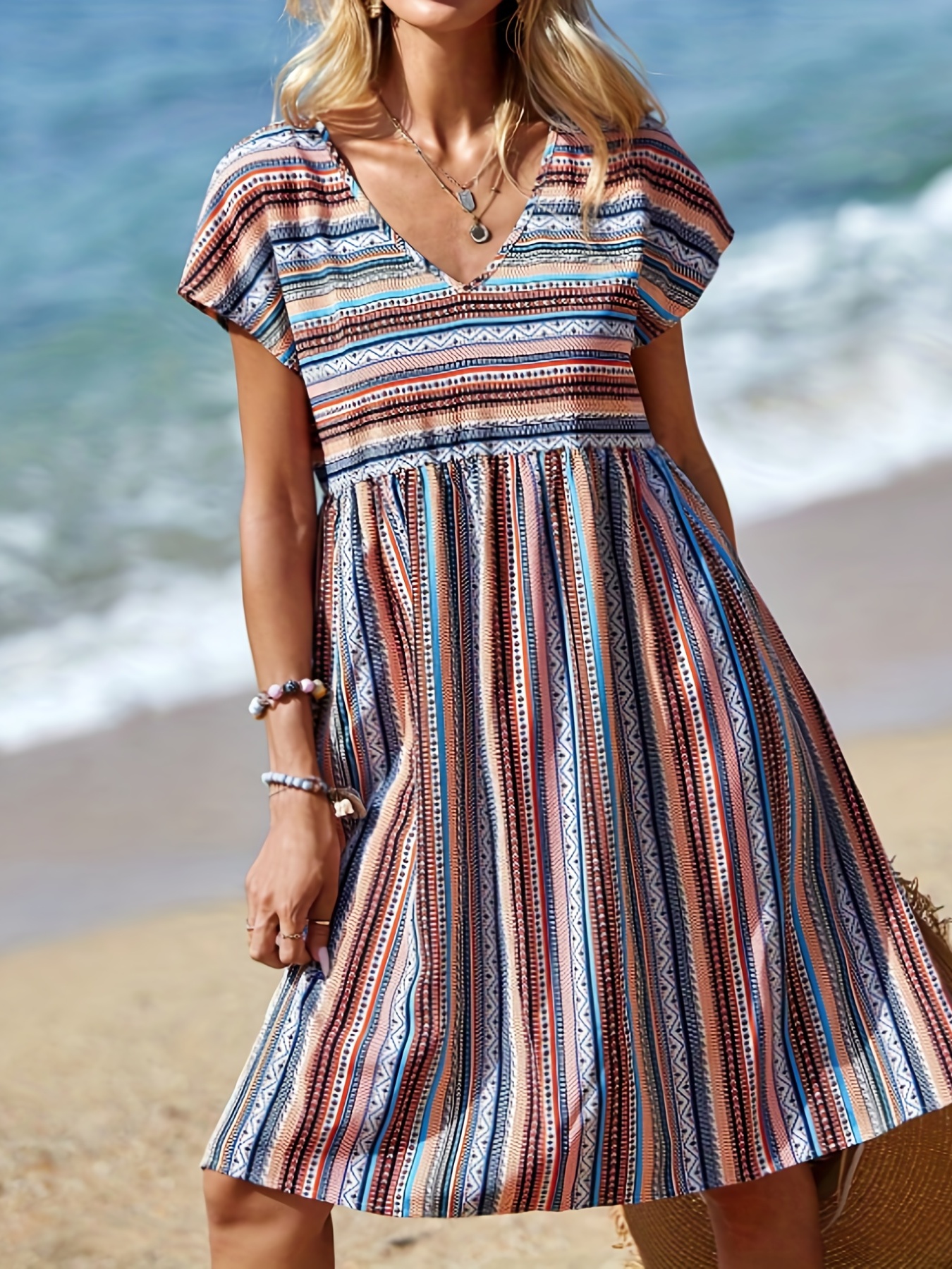 Tribal Print V Neck Dress Boho Short Sleeve Striped Dress - Temu