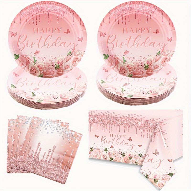 Platos de cumpleaños rosas, platos de fiesta de cumpleaños rosa,  suministros de platos de papel rosa, tazas y servilletas, para decoraciones  de fiesta