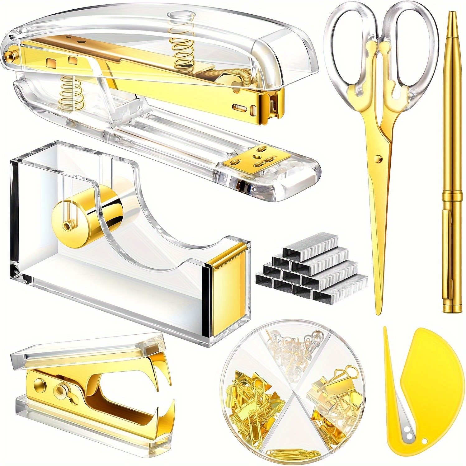 Gold Office Supplies Set,Stapler Set Include Stapler,Hole Punch,Tape  Dispenser,Staple Remover,Scissors,Paper Clips, and 1000pcs Staples.Acrylic  Office