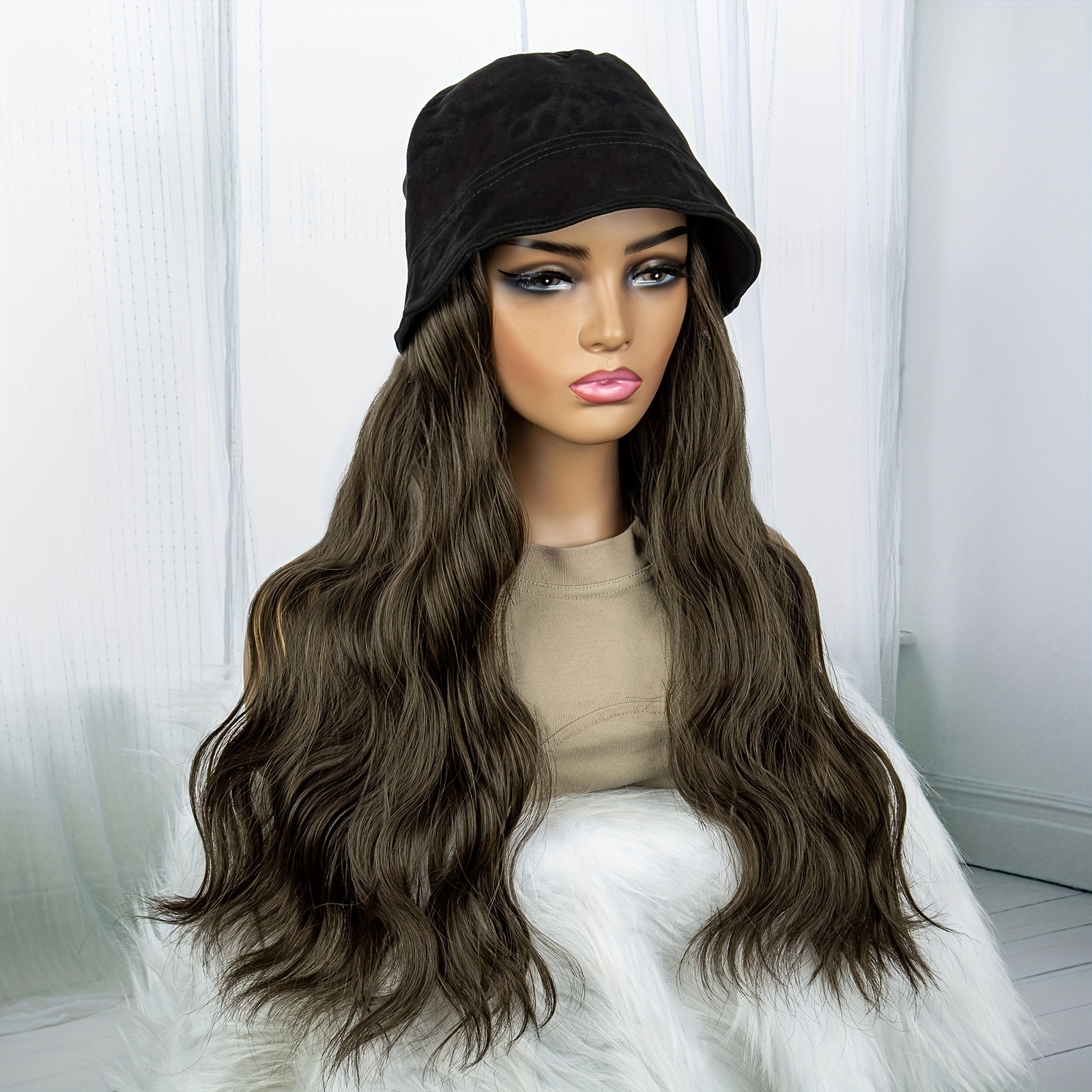 Hat Wigs Long Body Wave Hair Wigs Deerskin Fluff Moire Black Temu