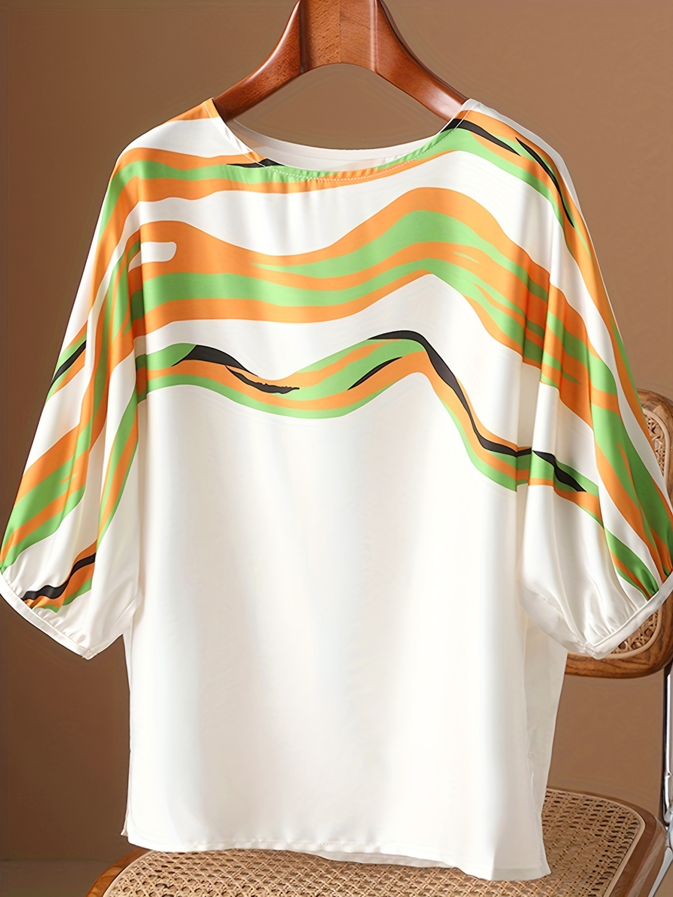 Wavy Stripe Simple Blouse, Elegant V Neck Long Sleeve Blouse, Women's  Clothing - Temu