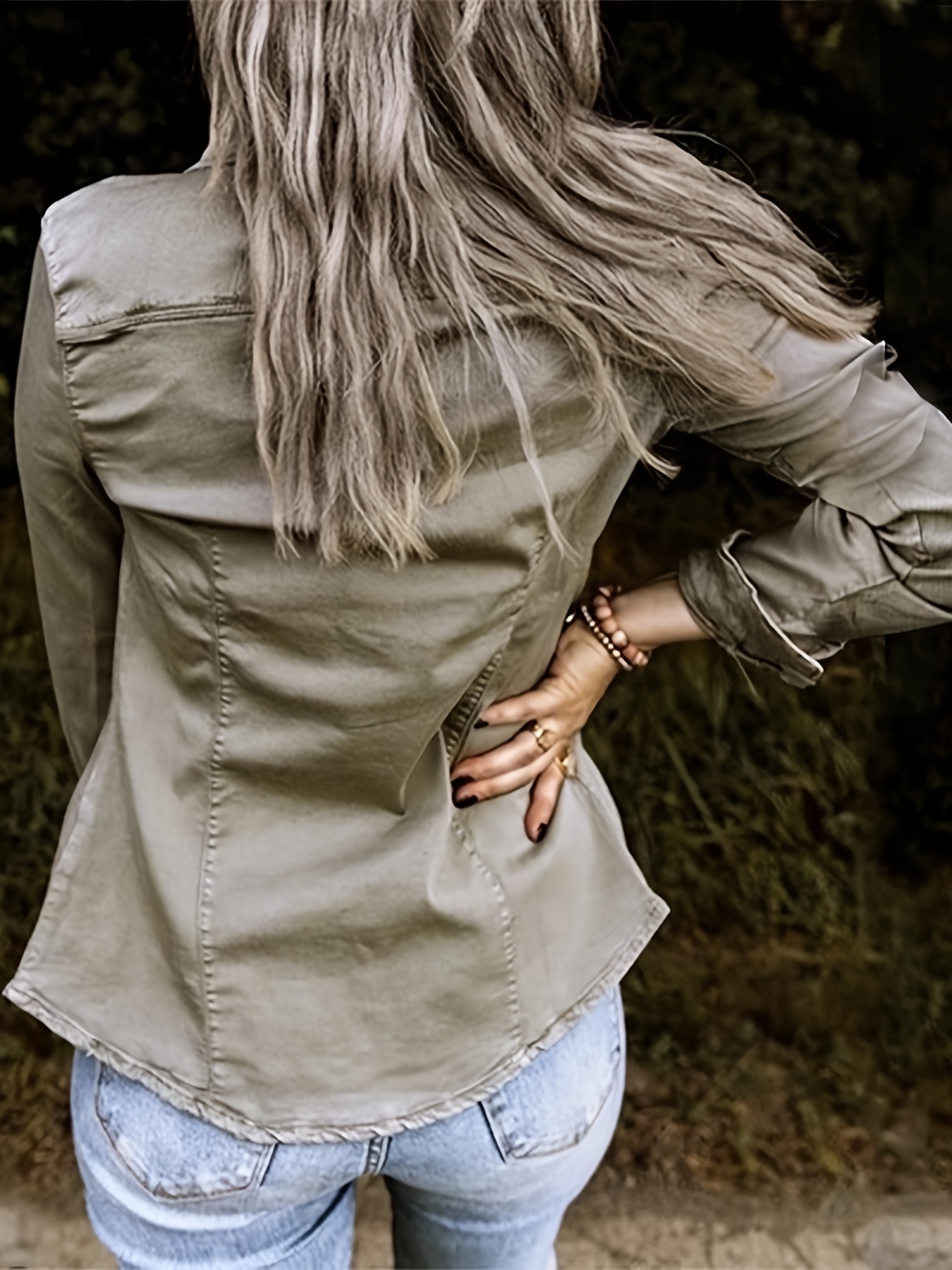 grey long sleeve flap pockets denim coats single breasted button lapel denim jackets womens denim clothing