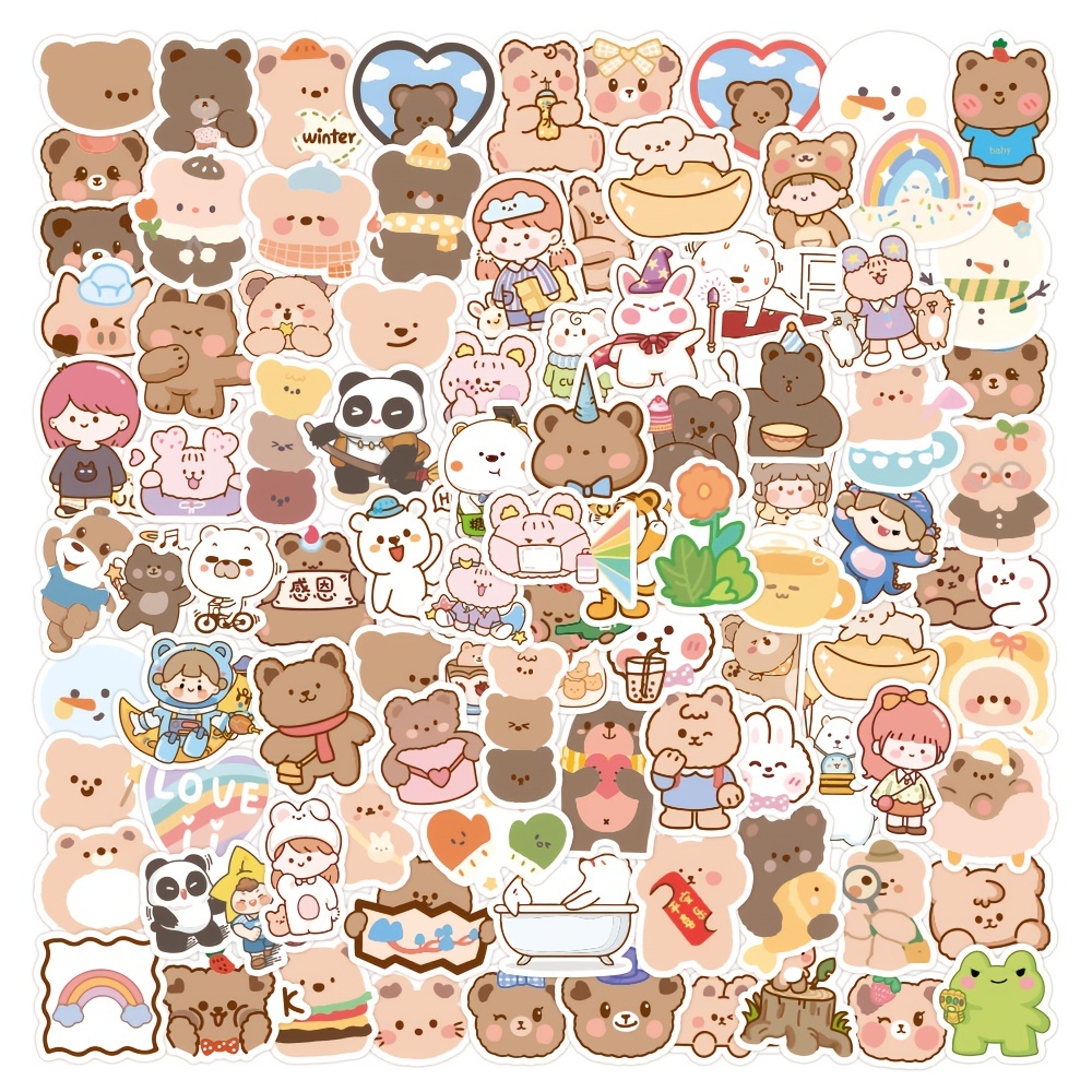 Cute Korean Bear Stickers Gifts for Girls Kids and Teens, 100pcs/pack Small Kawaii Rilakkuma Stickers, Vinyl Waterproof Lovely Aesthetic Stickers