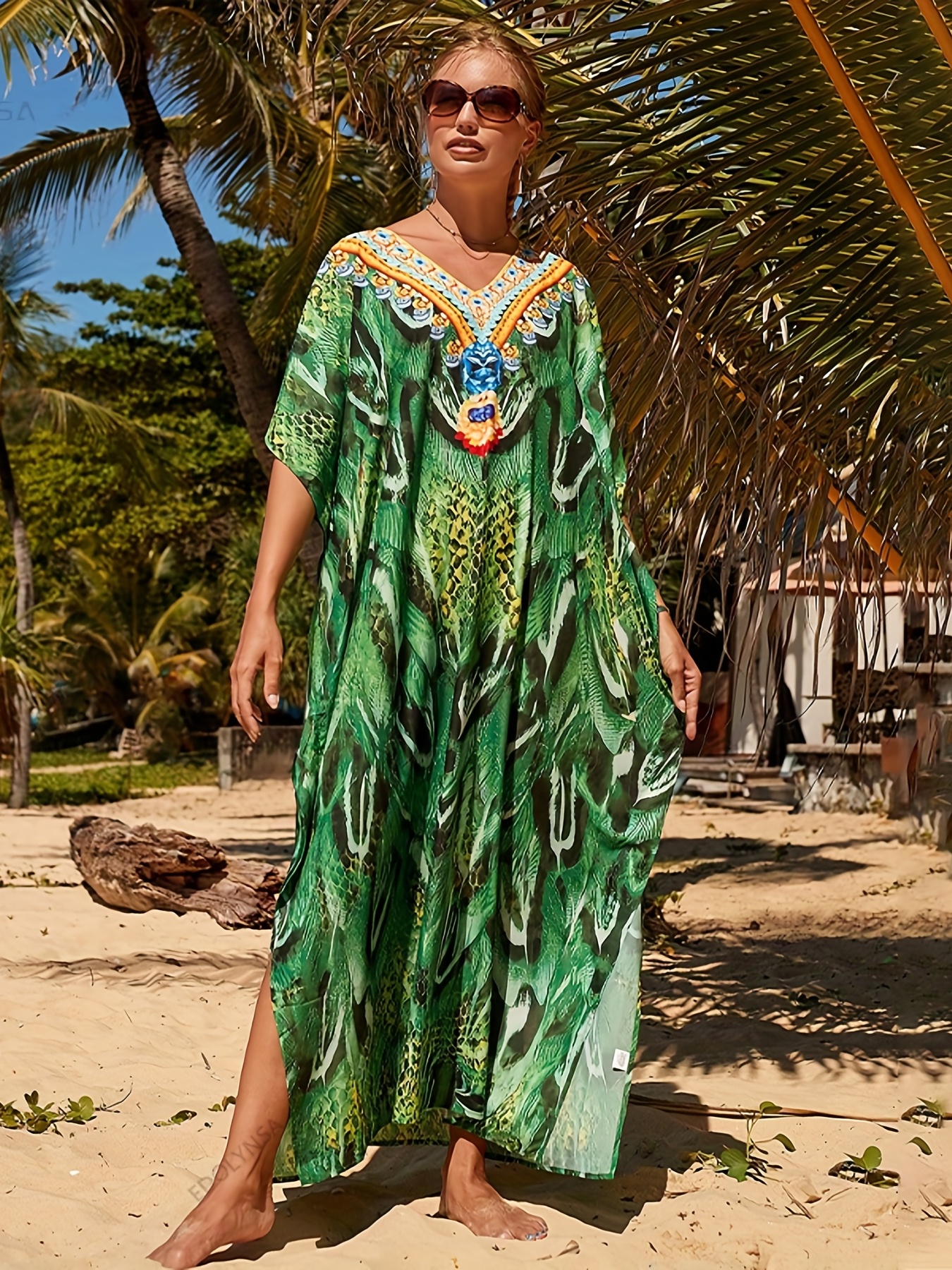 Women's Printed Round Neck Side Slit Hem Dress With Plant Pattern