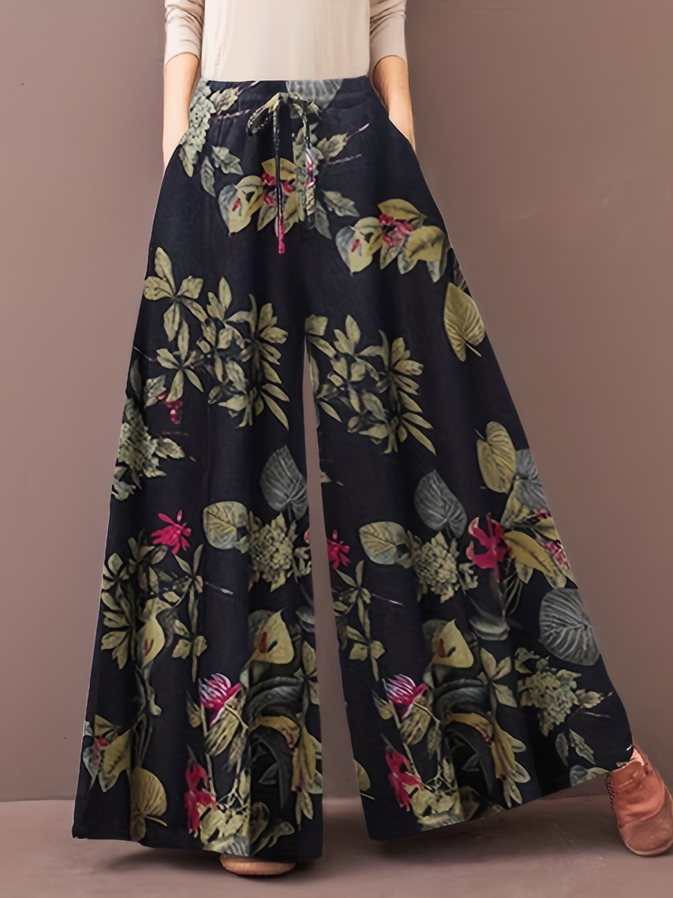 Random Floral Print Wide Leg Pants Casual Loose Tie Waist - Temu