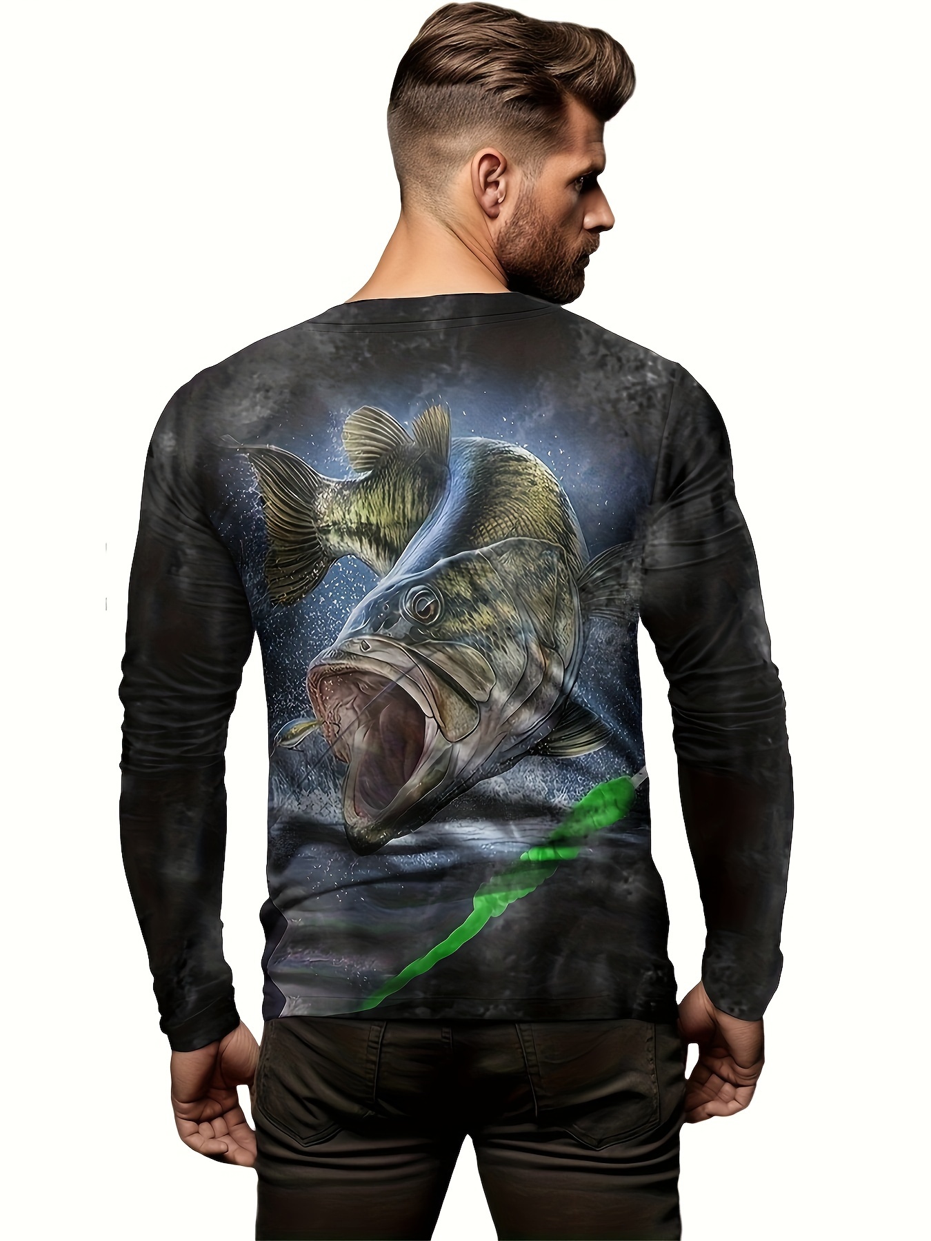 Fish Print, Men's Long Sleeve Novelty T-Shirt, Stylish Tees for Autumn, Mens Clothing,Temu