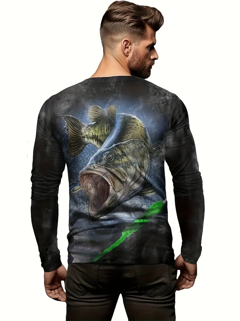 Fish Print Men's Long Sleeve Novelty T shirt Stylish Tees - Temu