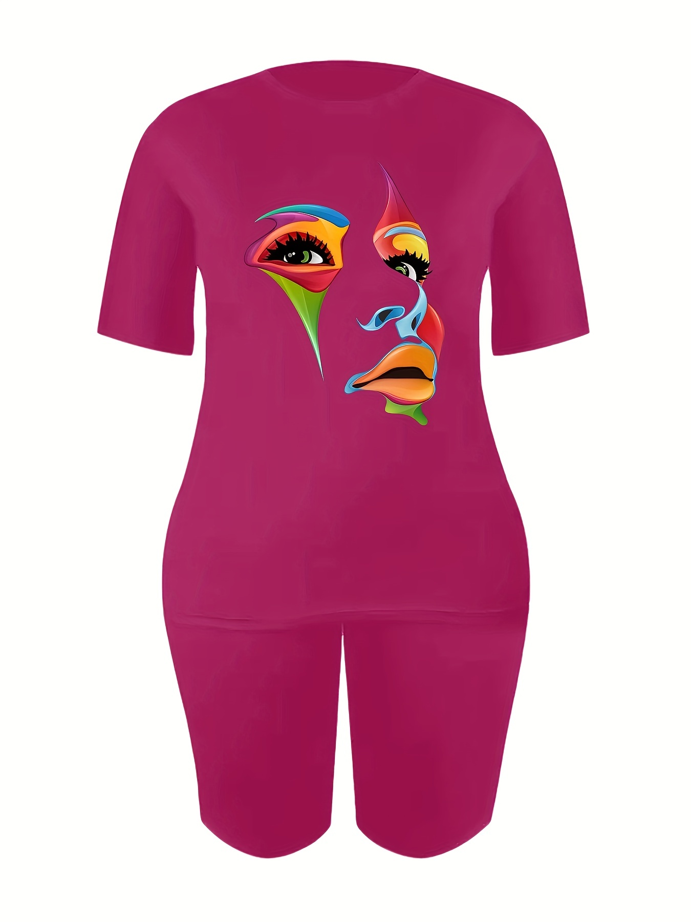 Abstract Face Print T shirt & Slim Shorts Set