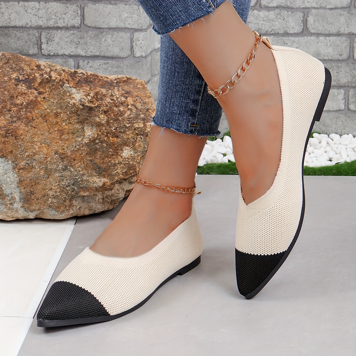 Women's Two Tone Flats Pointed Toe Knitted Slip Shoes Casual - Temu