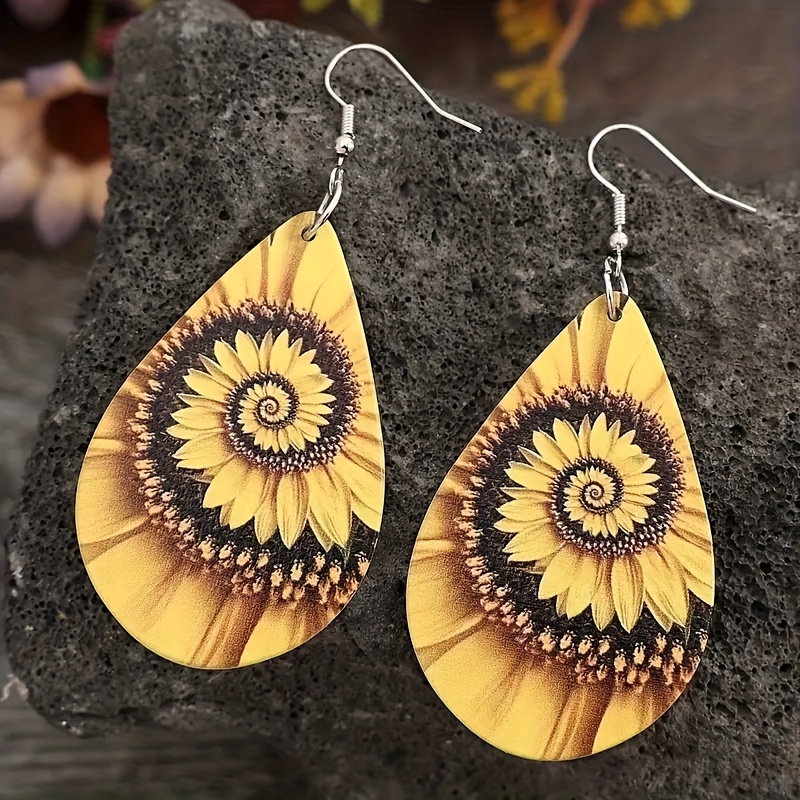 Wooden Sunflower Print Water Drop Dangle Earrings