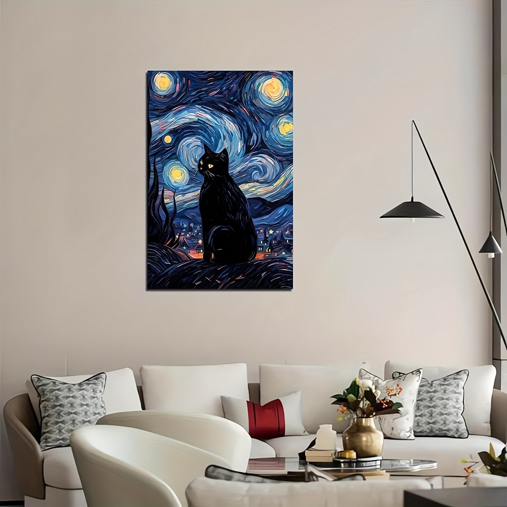 Best Friends Cute Dog and Cat Starry Night Art Print Picture by