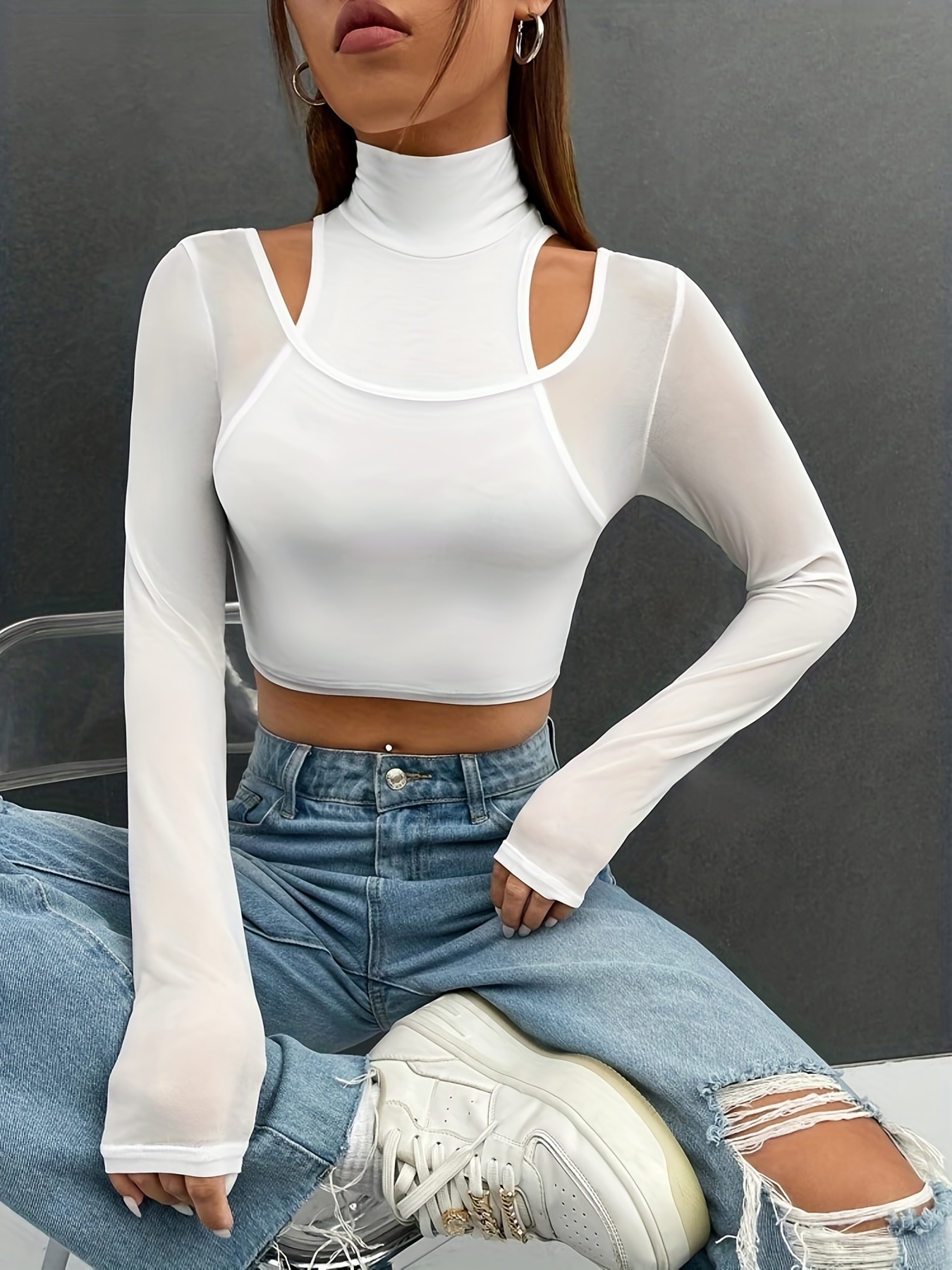 Cut Out Mock Neck Skinny Top, Stylish Long Sleeve Semi-sheer Top For Spring  & Fall, Women's Clothing